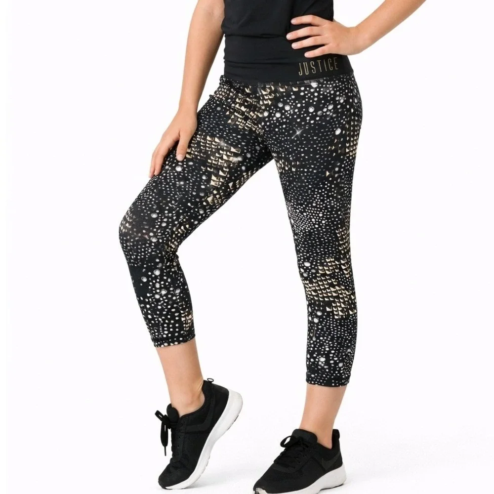 Justice Active Leggings Girls 10 Black Gold‎ Faux Rhinestone Stud Print Pull On